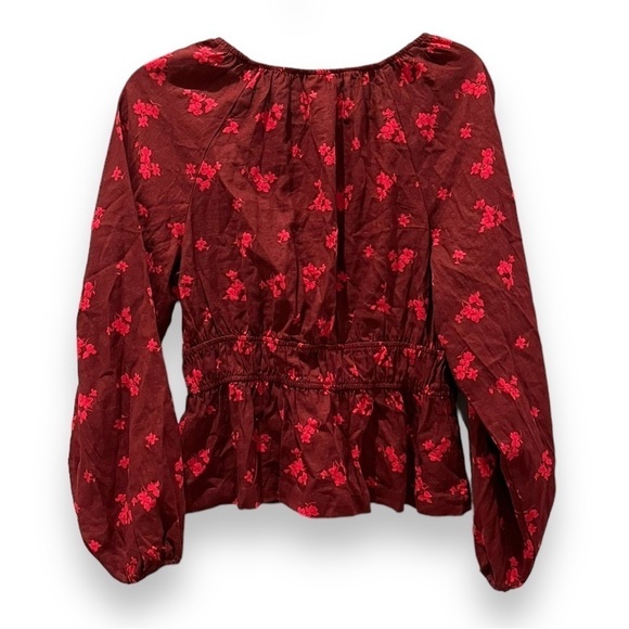 Universal Thread | Maroon Floral Puffed Long Sleeve Tie Front Blouse Size Medium - Picture 7 of 12